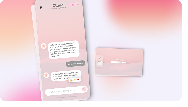 Chat interface of Claire AI showing a supportive, friendly conversation